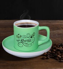 BK Gift Kişiye Özel Kaligrafi Tasarımlı Mat Yeşil Renk Türk Kahvesi Fincanı-1 Renkli Türk Kahvesi Fincanı