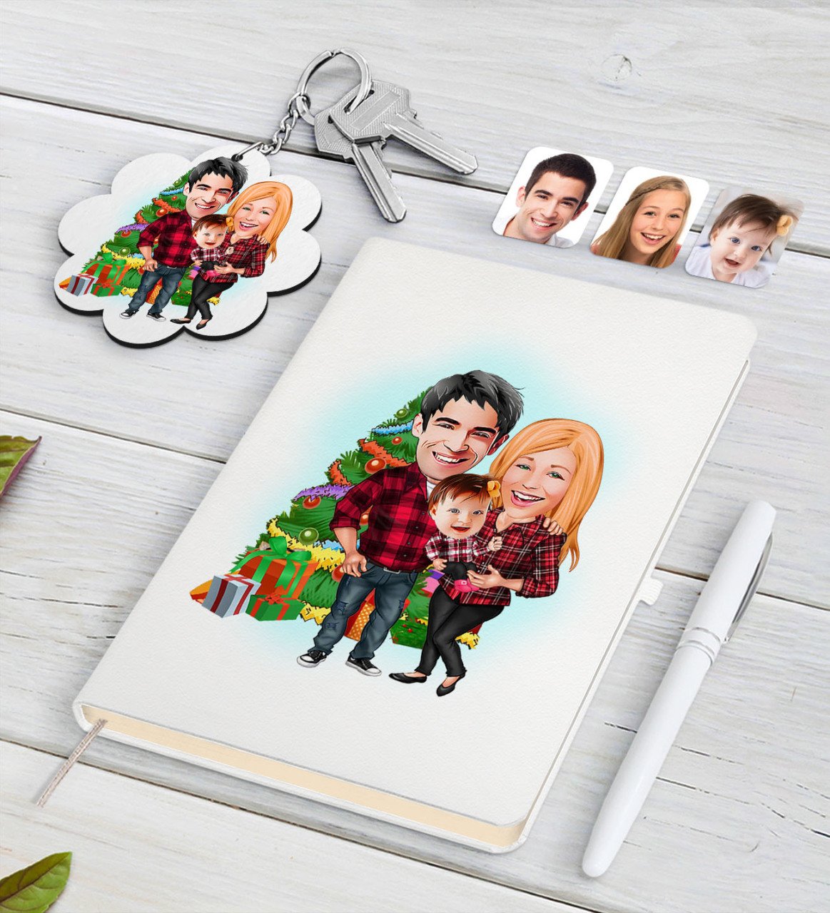 Kişiye Özel Yeni Yıl Aile Karikatürlü Beyaz Defter Kalem ve Anahtarlık Hediye Seti-4