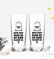 Kişiye Özel Rakı İçen Öldü De Tasarımlı 2’li Rakı Bardağı ve Meze Tabaklı Doğal Masif Ahşap Servis Sunum Tepsisi Model 1