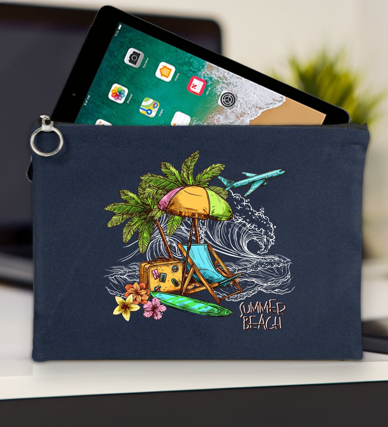BK Gİft Yaz Temalı-9 Lacivert Tablet Çantası 30x21cm, Ipad Çantası, Baskılı Tablet Kılıfı