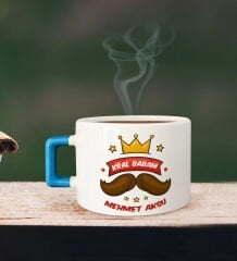 BK Gift Kişiye Özel Babalar Günü Tasarımlı Mavi Kulplu Çay & Kahve Fincanı-5, Babaya Hediye, Babalar Günü Hediyesi