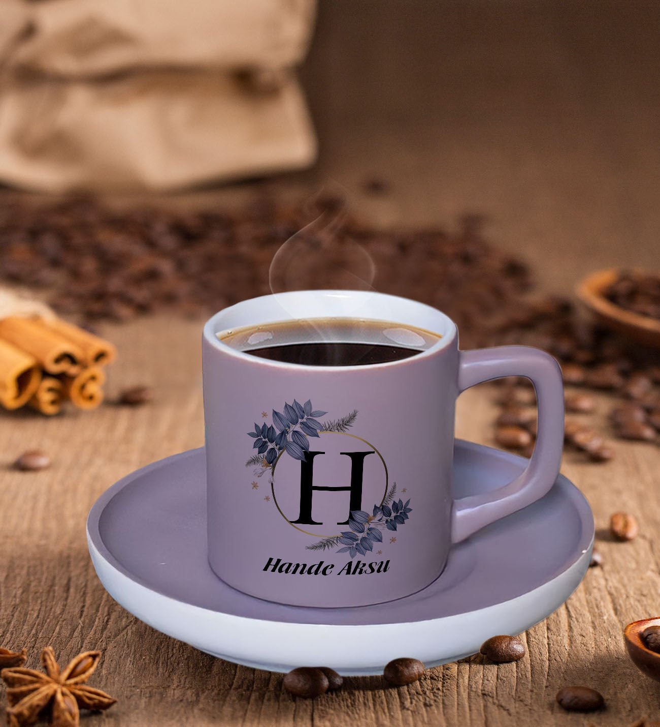 BK Gift Kişiye Özel Baş Harf İsimli Mat Gri Renk Türk Kahvesi Fincanı-1 Renkli Türk Kahvesi Fincanı