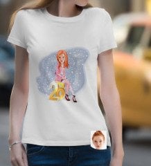 Kişiye Özel Bayan Doğum Günü Karikatürlü Beyaz Tişört-10