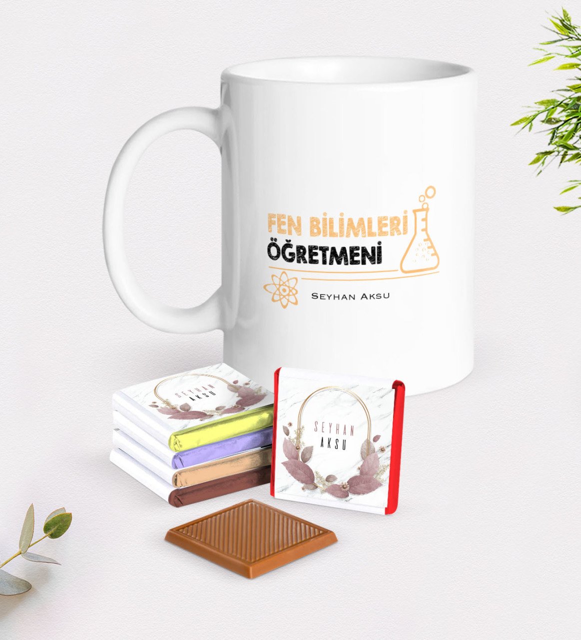 Kişiye Özel Fen Bilimleri Öğretmeni Beyaz Kupa ve Çikolata Hediye Seti-4