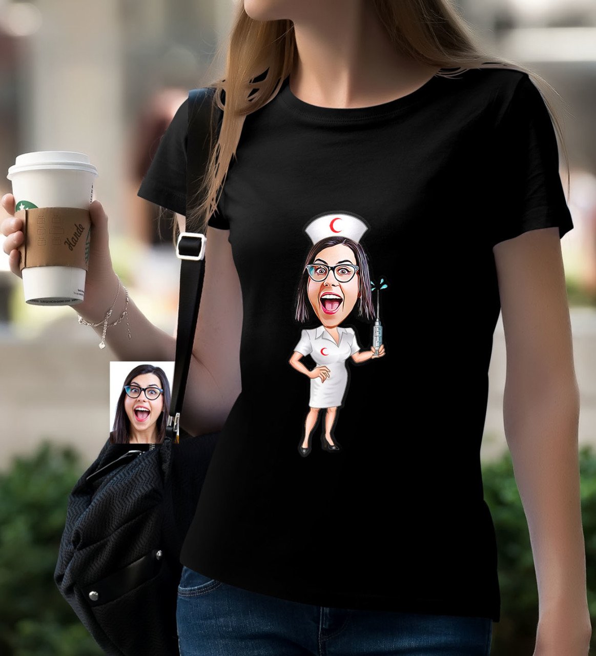 Kişiye Özel Hemşire Karikatürlü Siyah T-Shirt-1