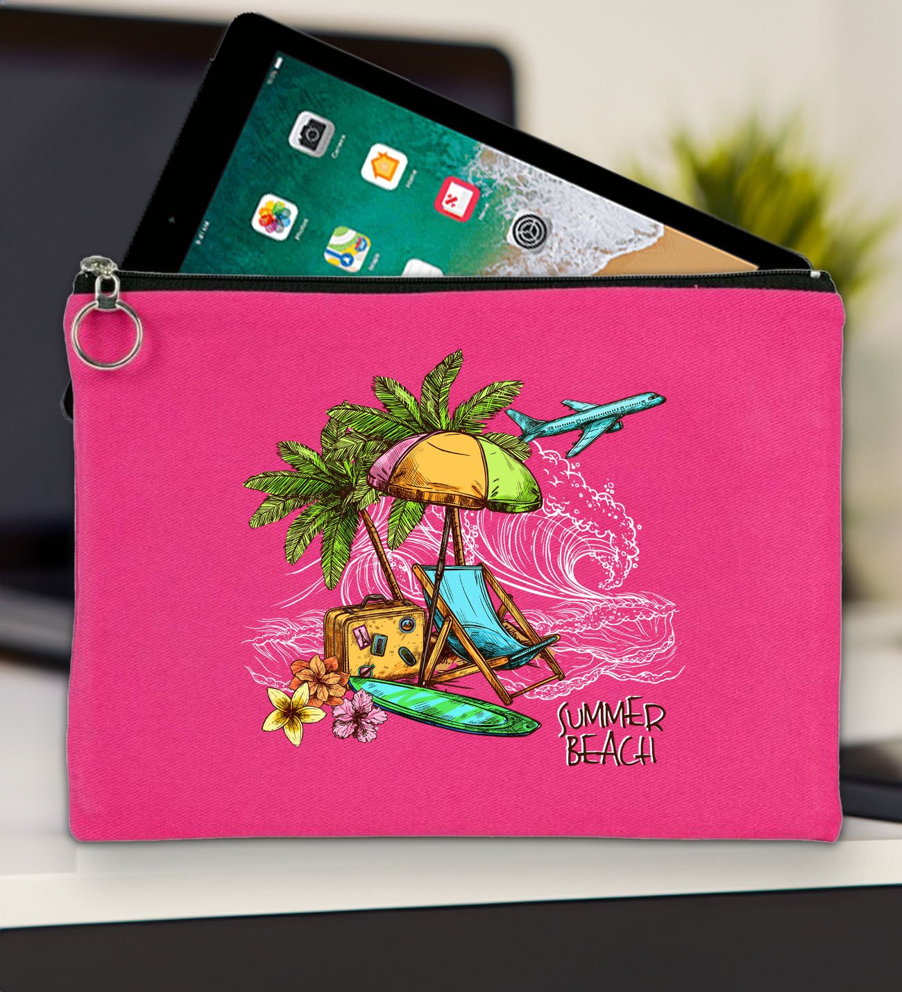 BK Gİft Yaz Temalı-9 Fuşya Tablet Çantası 30x21cm, Ipad Çantası, Baskılı Tablet Kılıfı