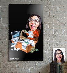 Kişiye Özel Bayan Bankacı Karikatür Ahşap Tablo - 2