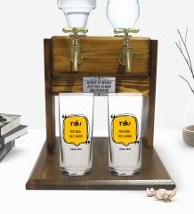 Kişiye Özel Renkli Baskılı Haydi Abbas Vakit Tamam Tasarımlı İkili Rakı Bardağı ve Çift Musluklu Doğal Ahşap Rakı Standı-1