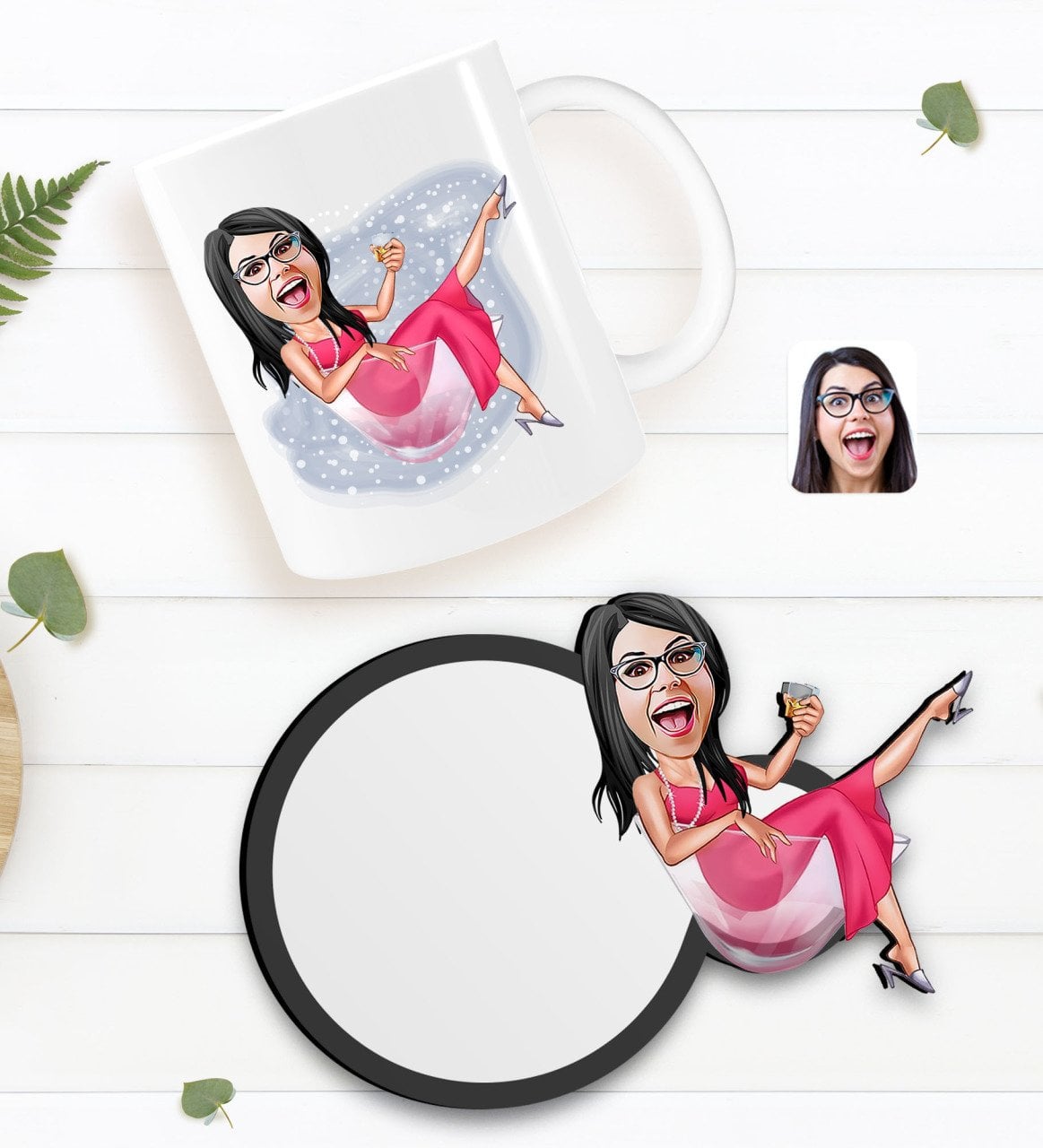 Kişiye Özel Kadın Patroniçe Karikatürlü Beyaz Kupa ve Ahşap Bardak Altlığı Hediye Seti-1