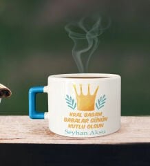 BK Gift Kişiye Özel Babalar Günü Tasarımlı Mavi Kulplu Çay & Kahve Fincanı-6, Babaya Hediye, Babalar Günü Hediyesi