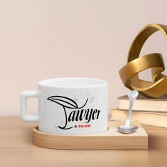 BK Gift Kişiye Özel İsimli Avukat Tasarımlı-7, Ahşap Altlıklı Seramik Fincan, Meslek Hediyesi, Yeni İş Hediyesi