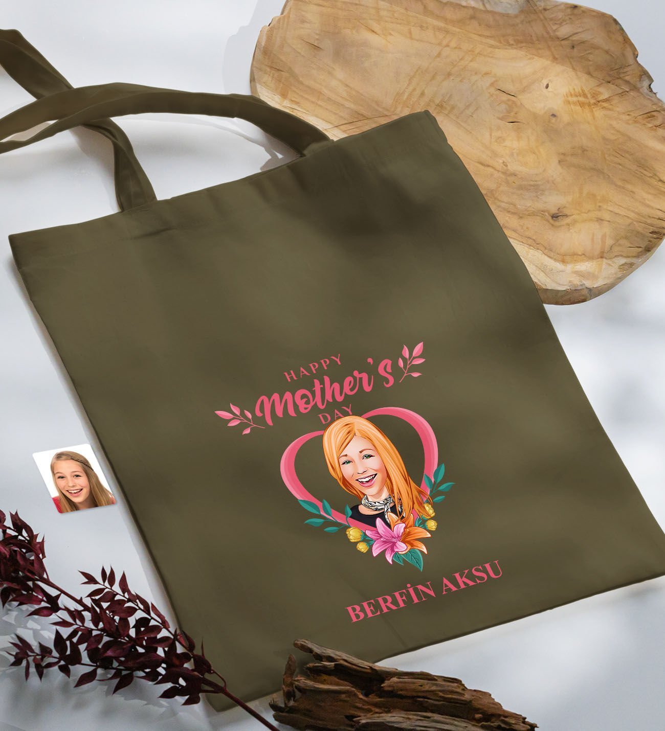 BK Gift Kişiye Özel Anneler Günü Karikatürlü Haki Kumaş Bez Çanta, Baskılı Omuz Çantası, Alışveriş Çantası, Anneye Hediye-5