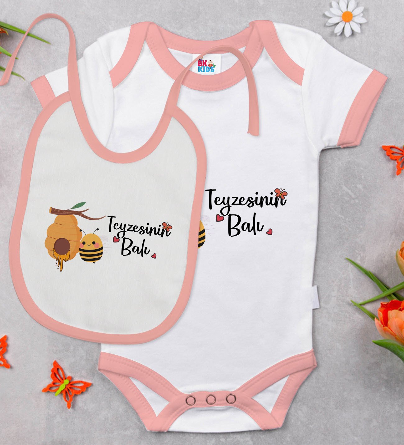 BK Kids Teyzesinin Balı Tasarımlı Pembe Bebek Body Zıbın ve Mama Önlüğü Hediye Seti-1