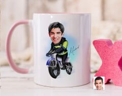 Bk Gift Kişiye Özel Motorcu Karikatürlü Pembe Kupa Bardak-1, Sevgiliye Hediye, Arkadaşa Hediye