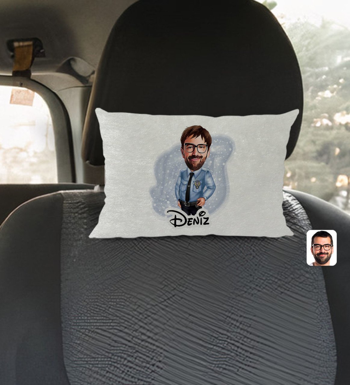 Kişiye Özel İsimli Kadın Polis Karikatürlü Dikdörtgen Araç Koltuk Yastığı-1