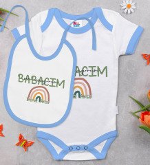 BK Kids Kişiye Özel Babacım Tasarımlı Mavi Bebek Body Zıbın ve Mama Önlüğü Hediye Seti