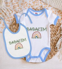 BK Kids Kişiye Özel Babacım Tasarımlı Mavi Bebek Body Zıbın ve Mama Önlüğü Hediye Seti