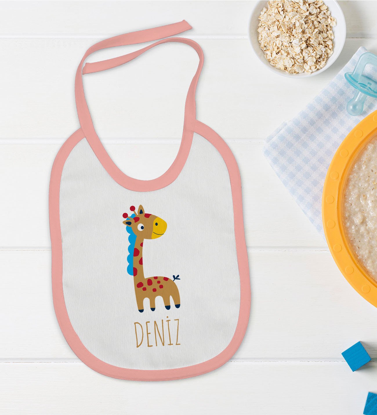 BK Kids Kişiye Özel Pembe Bebek Mama Önlüğü - Model 149
