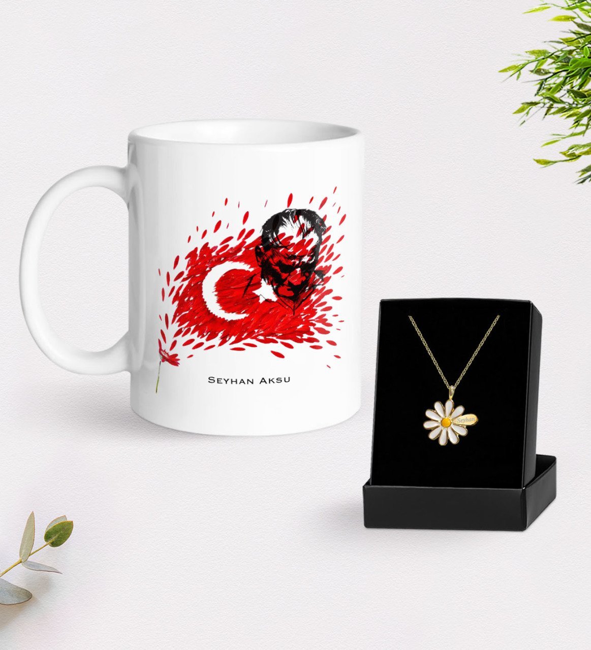 Kişiye Özel Atatürk Temalı Beyaz Kupa ve Papatya Kolye Hediye Seti-3