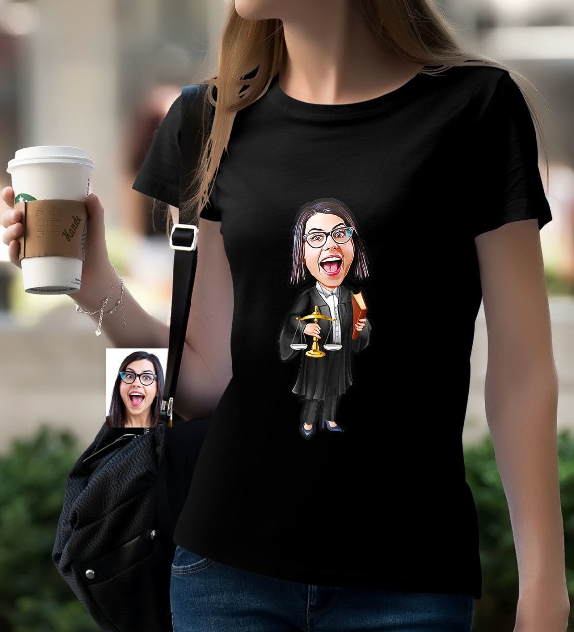 Kişiye Özel Bayan Avukat Karikatürlü Siyah T-Shirt-1