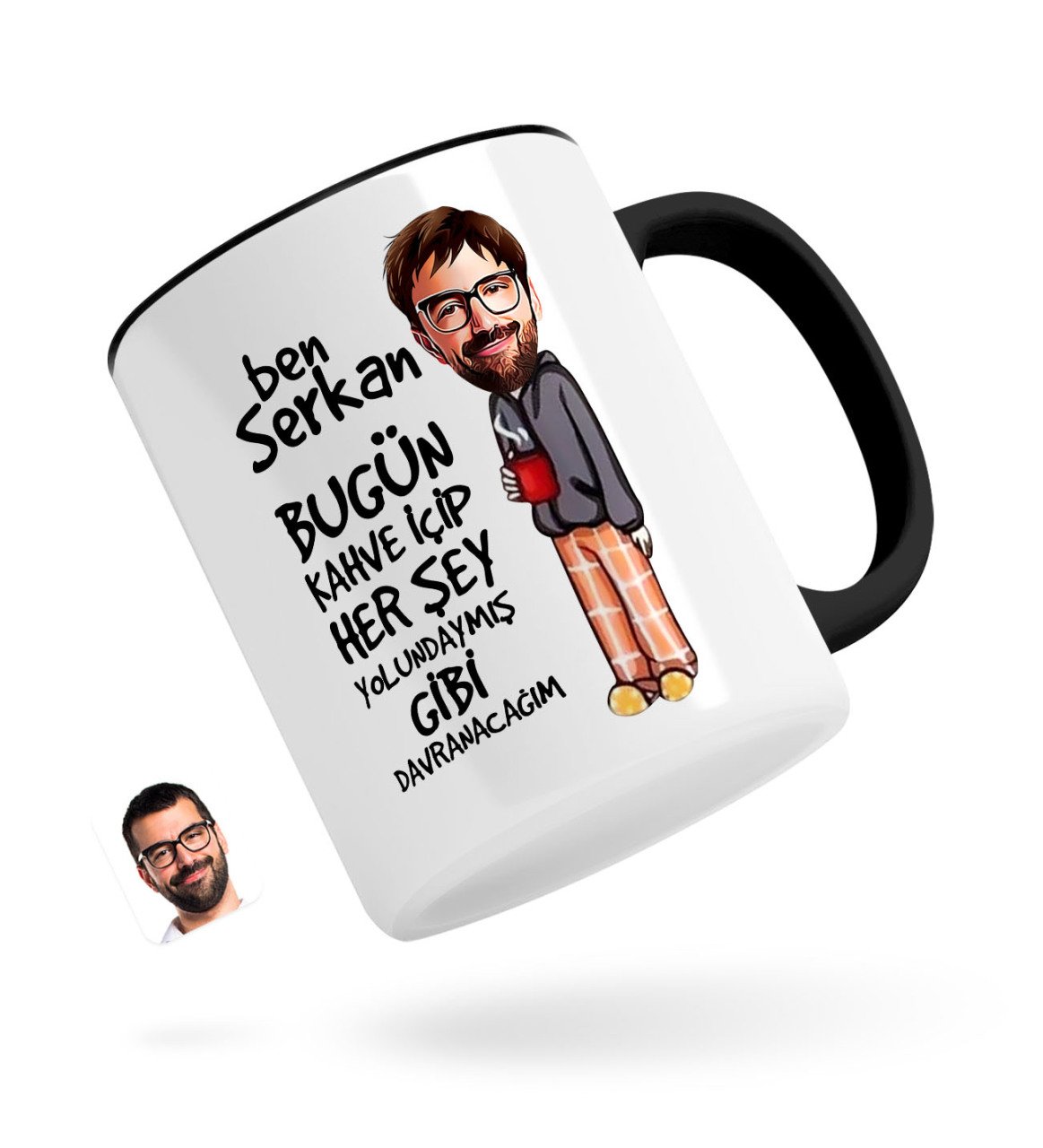 Kişiye Özel Erkek Her Şey Yolundaymış Gibi Karikatürlü Siyah Kupa Bardak-1