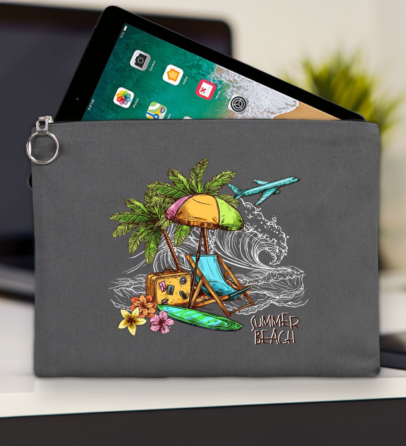 BK Gİft Yaz Temalı-9 Antrasit Tablet Çantası 30x21cm, Ipad Çantası, Baskılı Tablet Kılıfı