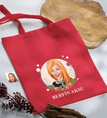 BK Gift Kişiye Özel Anneler Günü Karikatürlü Kırmızı Kumaş Bez Çanta, Baskılı Omuz Çantası, Alışveriş Çantası, Anneye Hediye-1