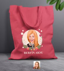 BK Gift Kişiye Özel Anneler Günü Karikatürlü Kırmızı Kumaş Bez Çanta, Baskılı Omuz Çantası, Alışveriş Çantası, Anneye Hediye-1
