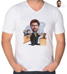 Kişiye Özel Erkek Avukat Karikatürlü V Yaka Tişört-3