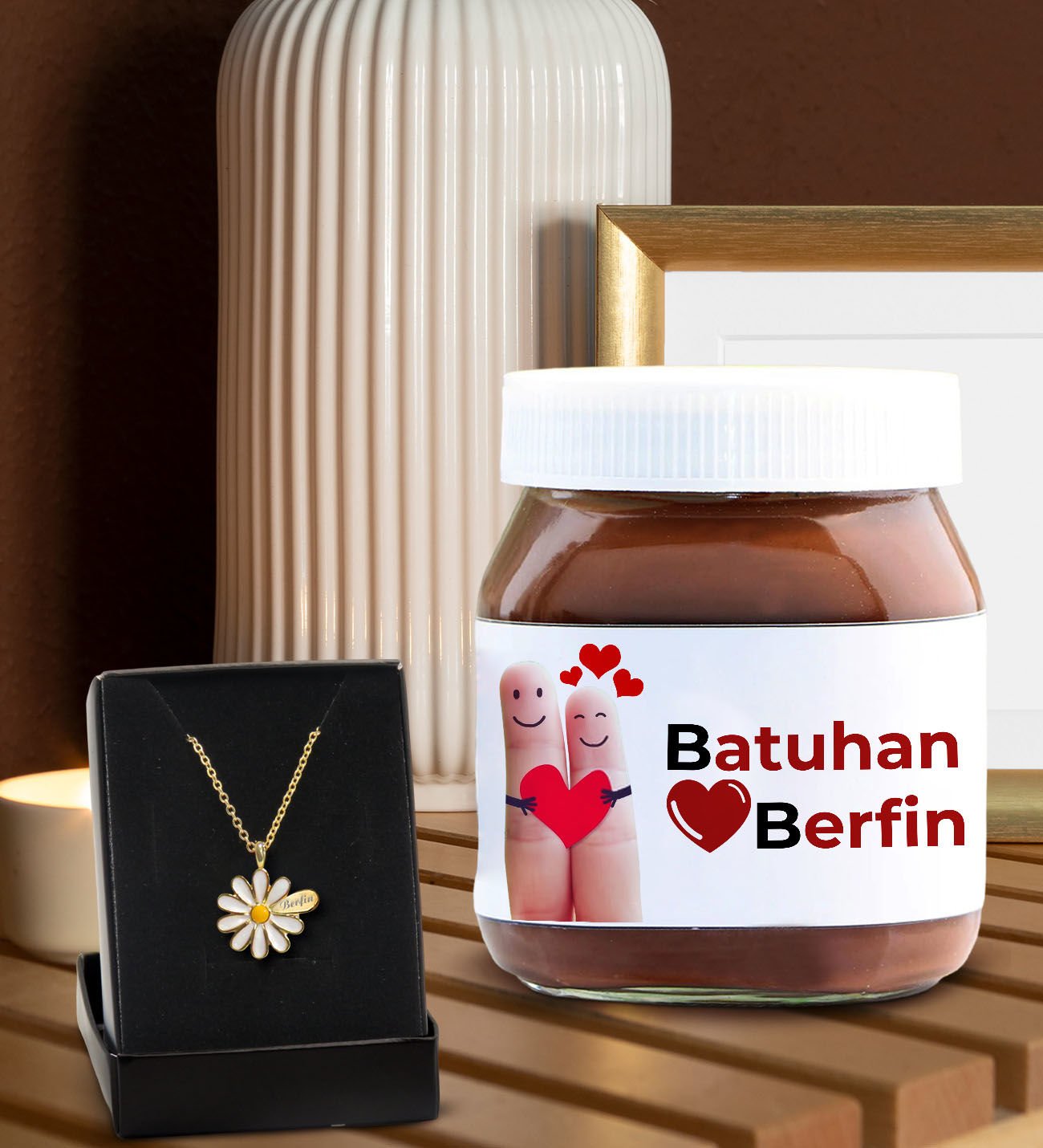 BK Gift Sevgiliye Özel İsimli Papatya Kolye ve Nutella 400gr. Hediye Seti, Sevgililer Günü Hediye, Doğum Günü Hediyesi, Sevgiliye Hediye-6