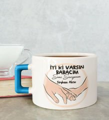BK Gift Kişiye Özel Babalar Günü Tasarımlı Mavi Kulplu Çay & Kahve Fincanı-10, Babaya Hediye, Babalar Günü Hediyesi