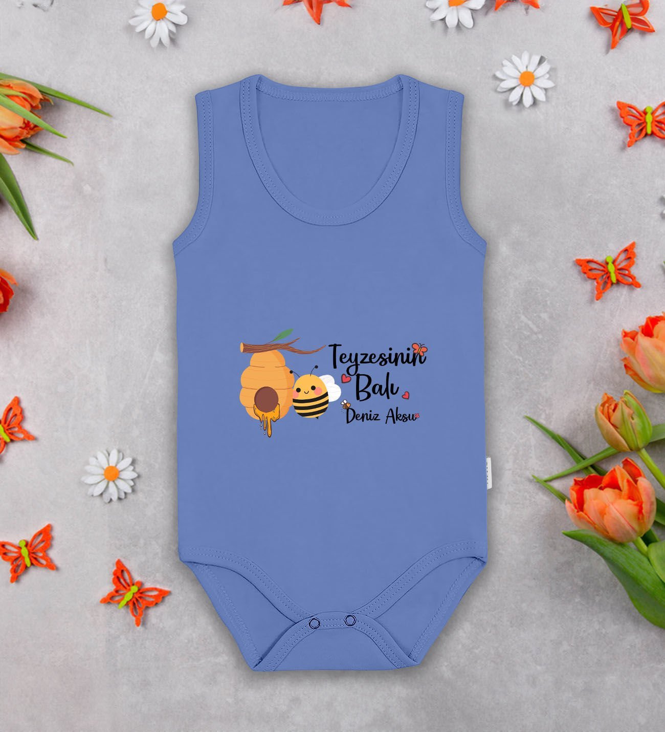BK Kids Kişiye Özel Teyzesinin Balı Mavi %100 Pamuklu Askılı Sıfır Kol Bebek Body Zıbın, Yeni Doğan Bebek Hediyesi