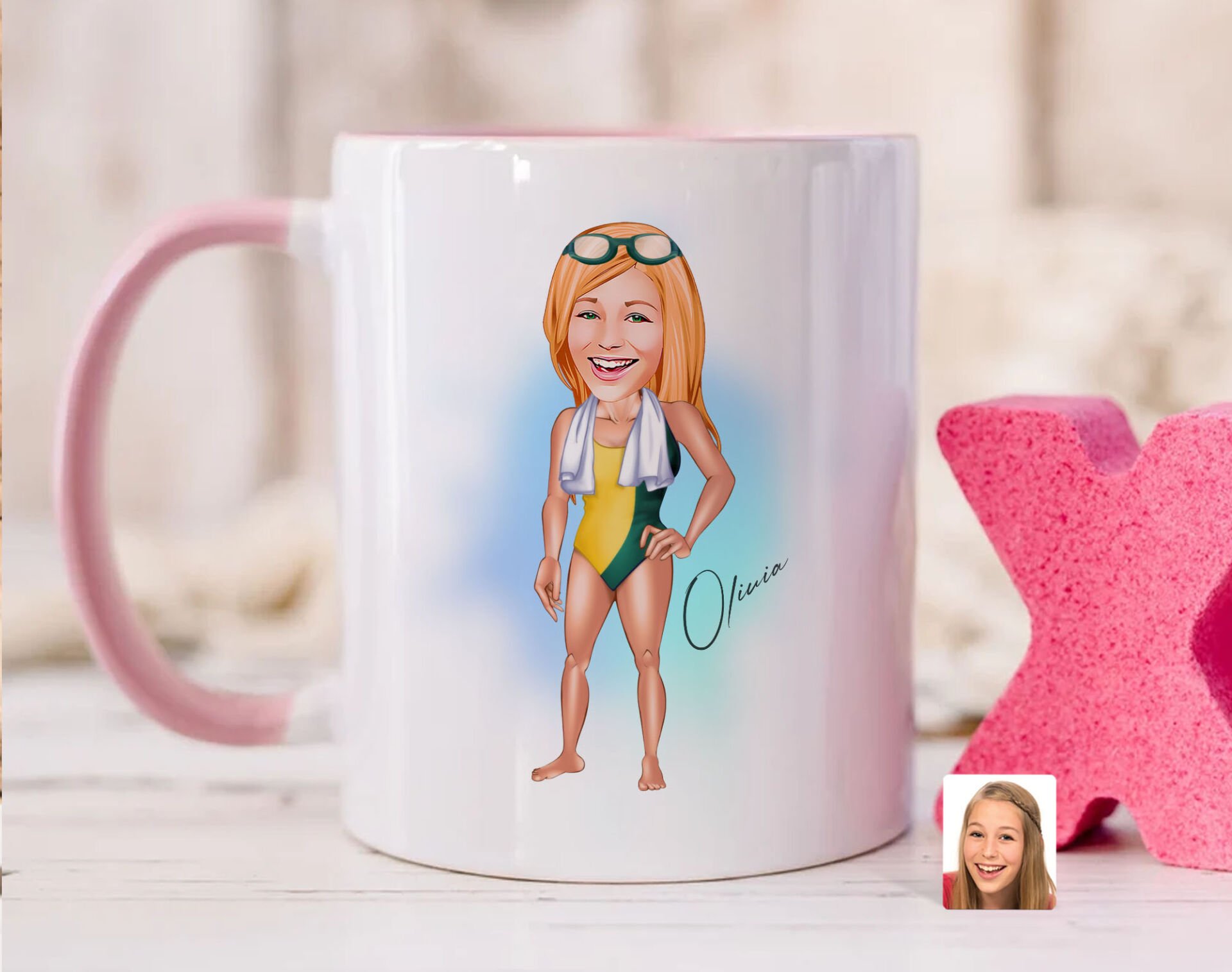 Bk Gift Kişiye Özel Kadın Yüzücü Karikatürlü Pembe Kupa Bardak-1, Sevgiliye Hediye, Arkadaşa Hediye