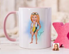 Bk Gift Kişiye Özel Kadın Yüzücü Karikatürlü Pembe Kupa Bardak-1, Sevgiliye Hediye, Arkadaşa Hediye