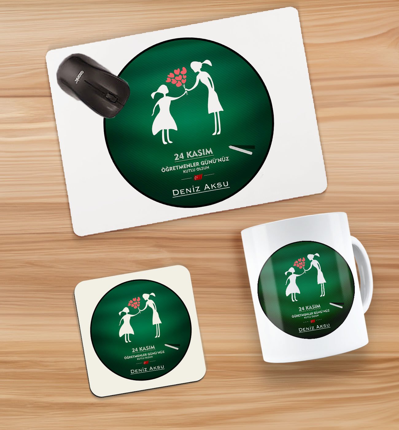 BK Gift Kişiye Özel İsimli Öğretmenler Günü Tasarımlı Kupa, Bardak Altlığı ve Mousepad Hediye Seti - 1, Öğretmene Hediye, Öğretmenler Günü