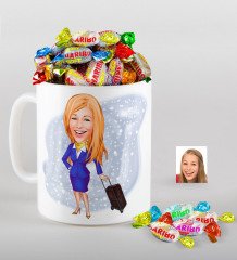 Kişiye Özel Hostes Karikatürlü Kupa ve Haribo Fruitbons Şeker Hediye Seti-2