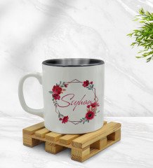 Kişiye Özel Çiçek Tasarımlı İçi Siyah Renkli Kupa Bardak Model 27