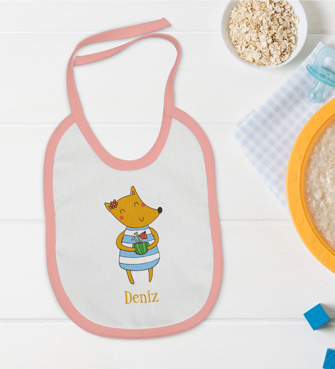 BK Kids Kişiye Özel Pembe Bebek Mama Önlüğü - Model 153