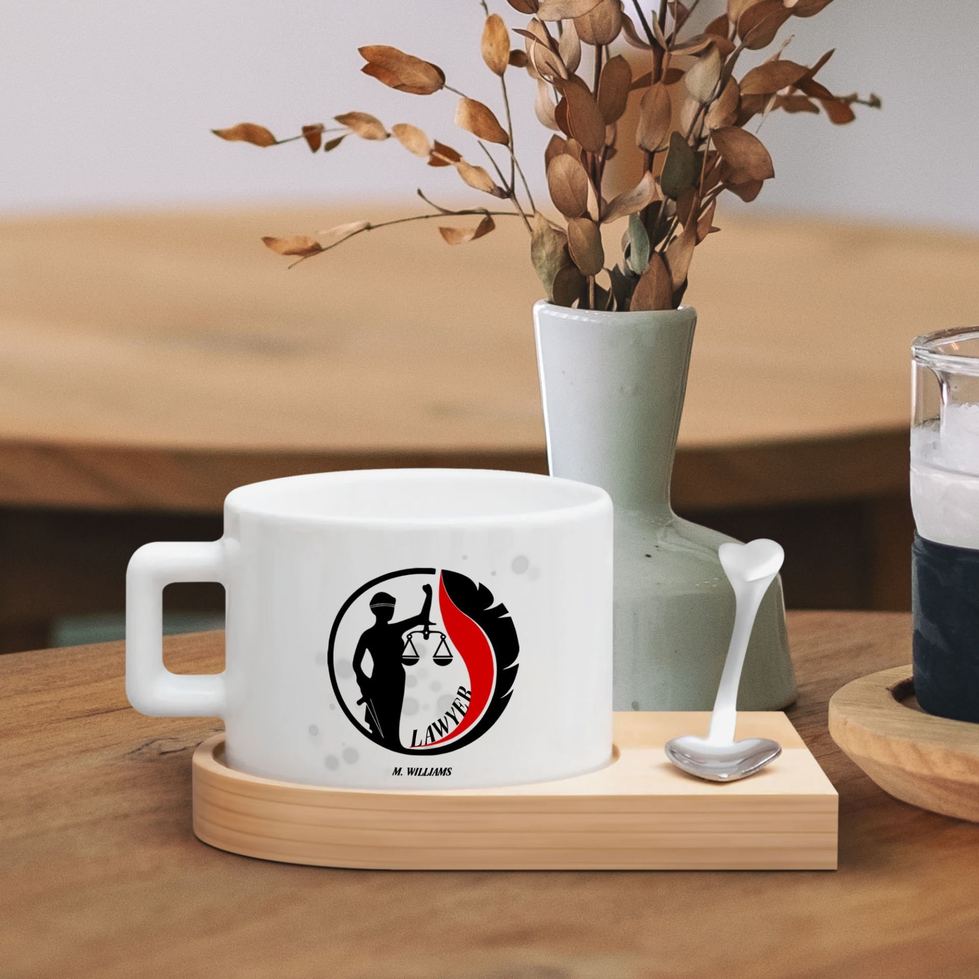 BK Gift Kişiye Özel İsimli Avukat Tasarımlı-12, Ahşap Altlıklı Seramik Fincan, Meslek Hediyesi, Yeni İş Hediyesi