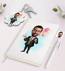 Kişiye Özel Erkek Doğum Günü Karikatürlü Beyaz Defter Kalem ve Anahtarlık Hediye Seti-2