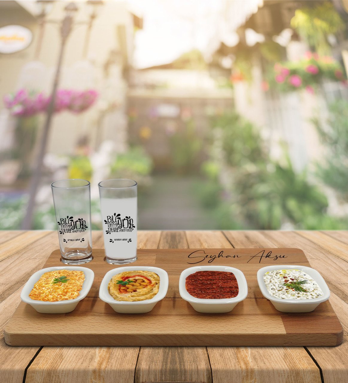 Kişiye Özel Yeşilçam Replikleri Bu Da Mı Gol Değil Tasarımlı 2’li Rakı Bardağı ve Meze Tabaklı Doğal Masif Ahşap Servis Sunum Tepsisi Model 2