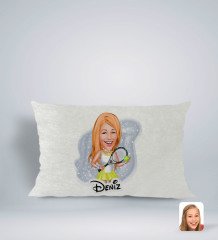 Kişiye Özel İsimli Kadın Tenis Oyuncusu Karikatürlü Dikdörtgen Araç Koltuk Yastığı-2