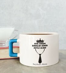 BK Gift Kişiye Özel Babalar Günü Tasarımlı Mavi Kulplu Çay & Kahve Fincanı-12, Babaya Hediye, Babalar Günü Hediyesi