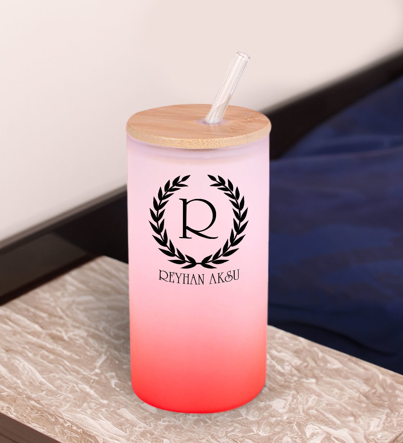 BK Gift İsimli Kırmızı Renk Pipetli Buzlu Cam Bardak 600ml - 4, Arkadaşa Hediye, Doğum Günü Hediyesi
