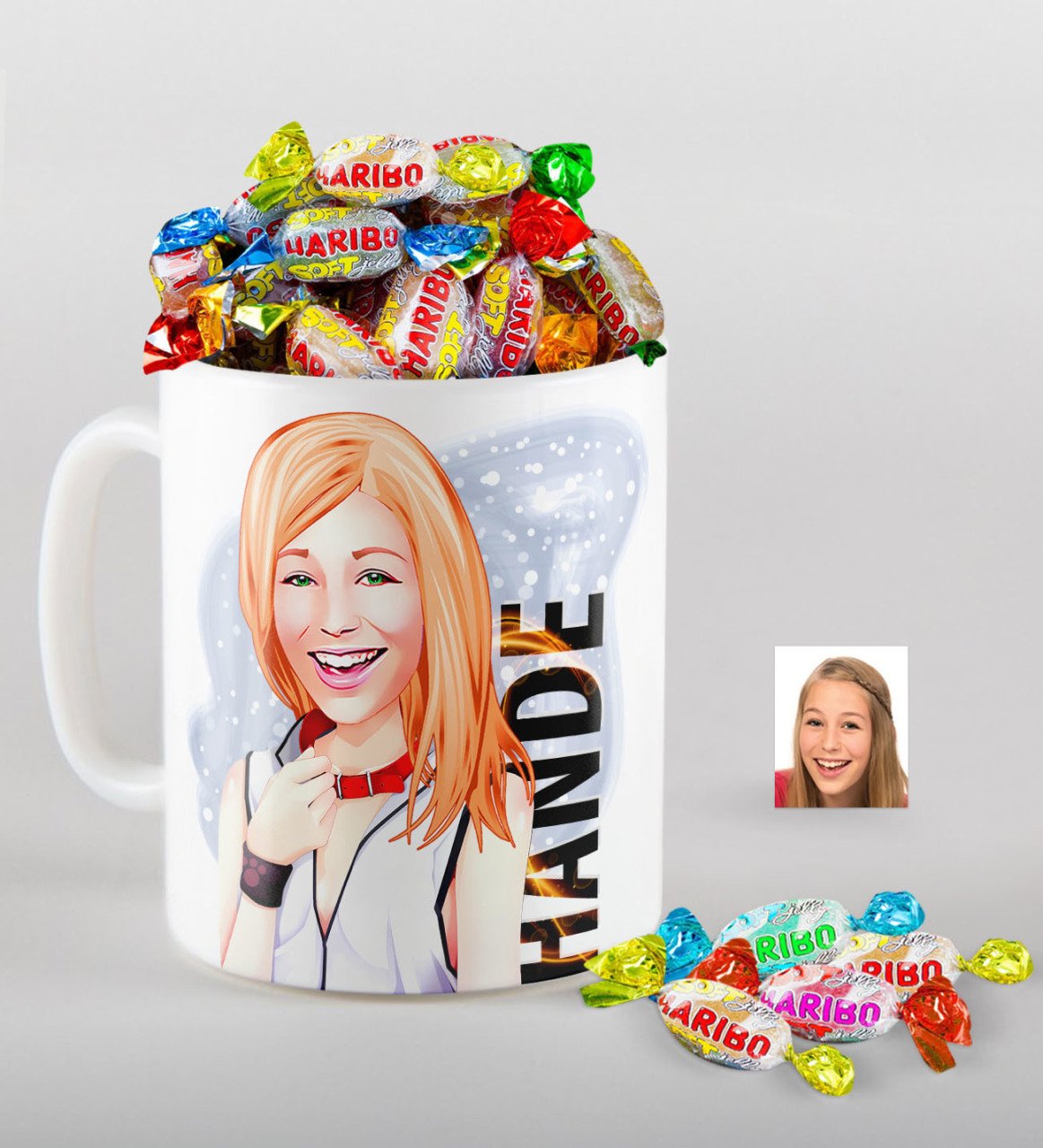 Kişiye Özel Bayan Karikatürlü Kupa ve Haribo Fruitbons Şeker Hediye Seti-35