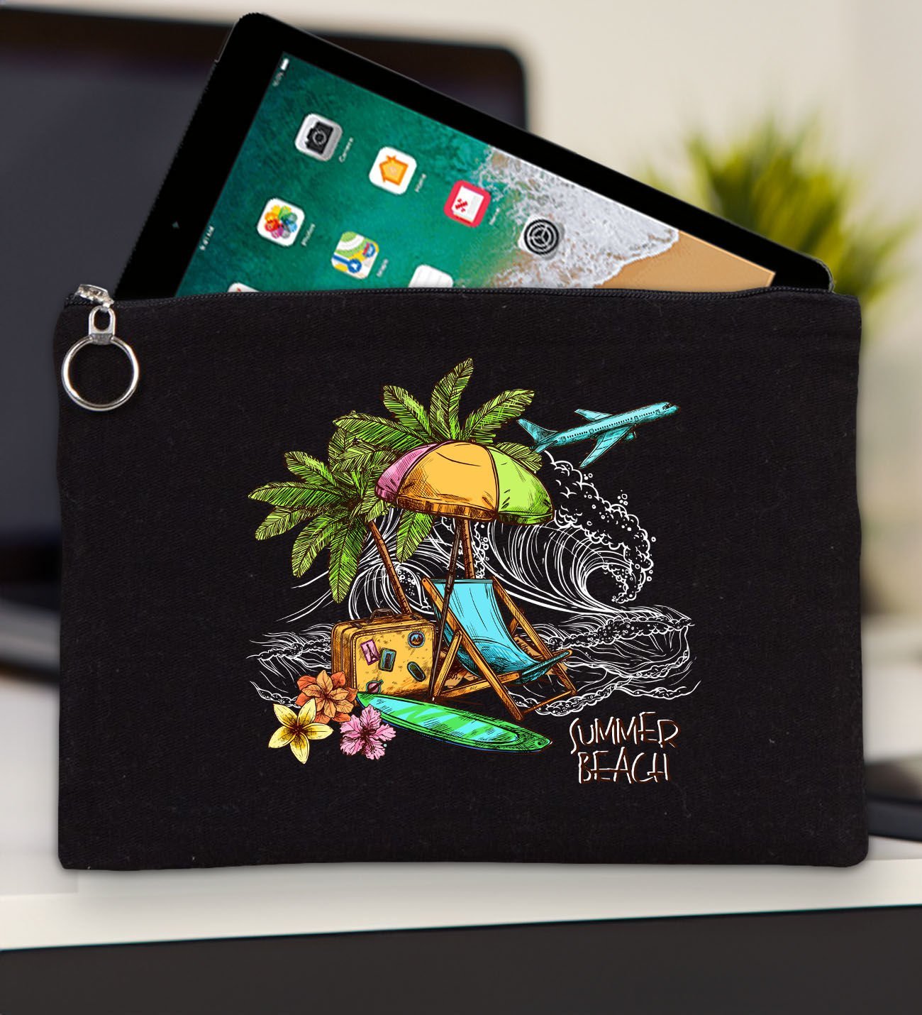 BK Gİft Yaz Temalı-9 Siyah Tablet Çantası 30x21cm, Ipad Çantası, Baskılı Tablet Kılıfı