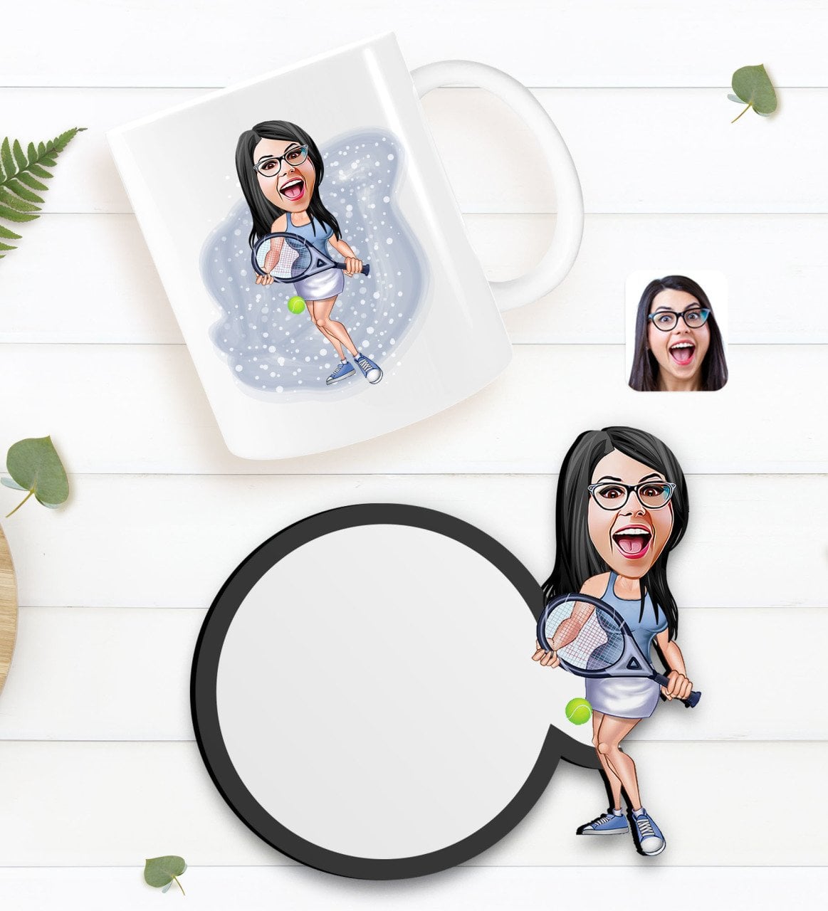 Kişiye Özel Kadın Tenis Oyuncusu Karikatürlü Beyaz Kupa ve Ahşap Bardak Altlığı Hediye Seti-1