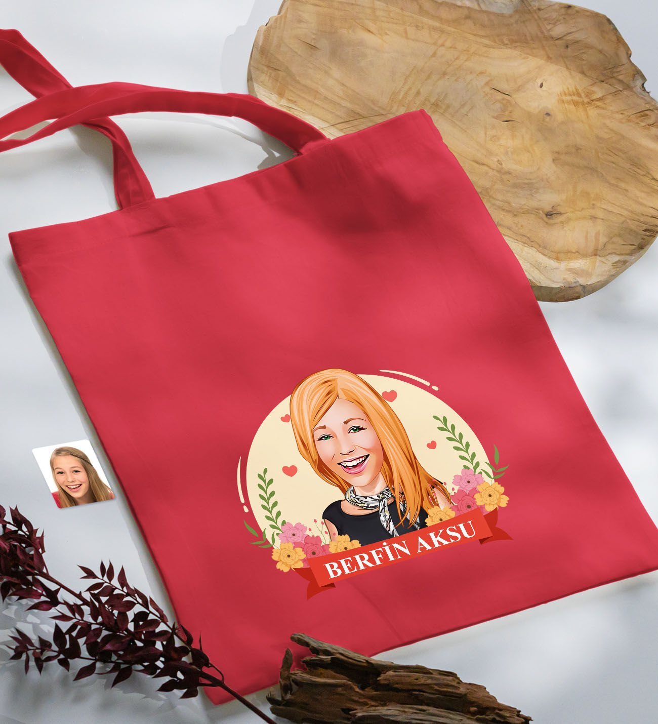 BK Gift Kişiye Özel Anneler Günü Karikatürlü Kırmızı Kumaş Bez Çanta, Baskılı Omuz Çantası, Alışveriş Çantası, Anneye Hediye-5