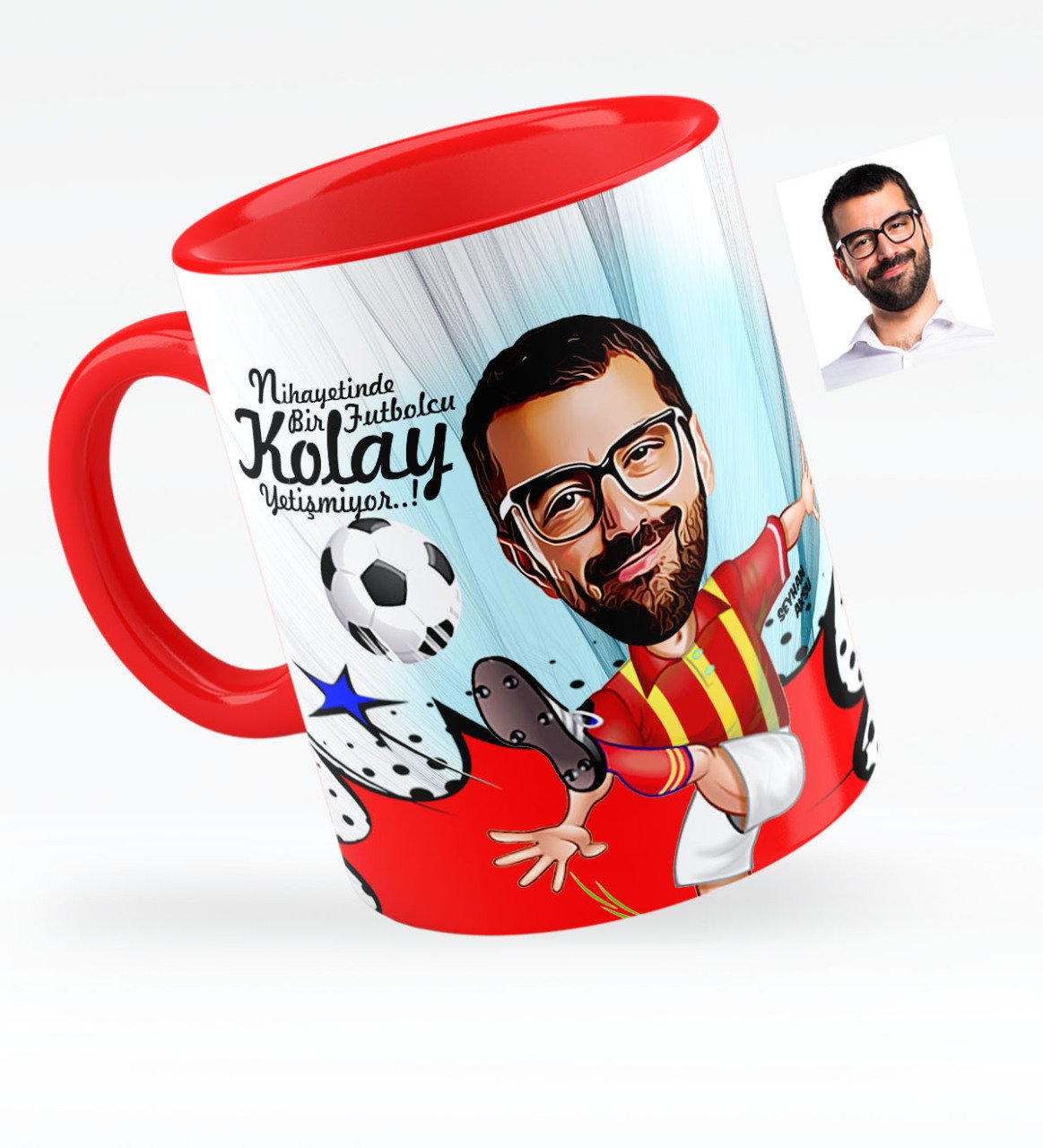 Kişiye Özel Bay Futbolcu Sarı Kırmızı Karikatürlü Kırmızı Kupa Bardak - 1