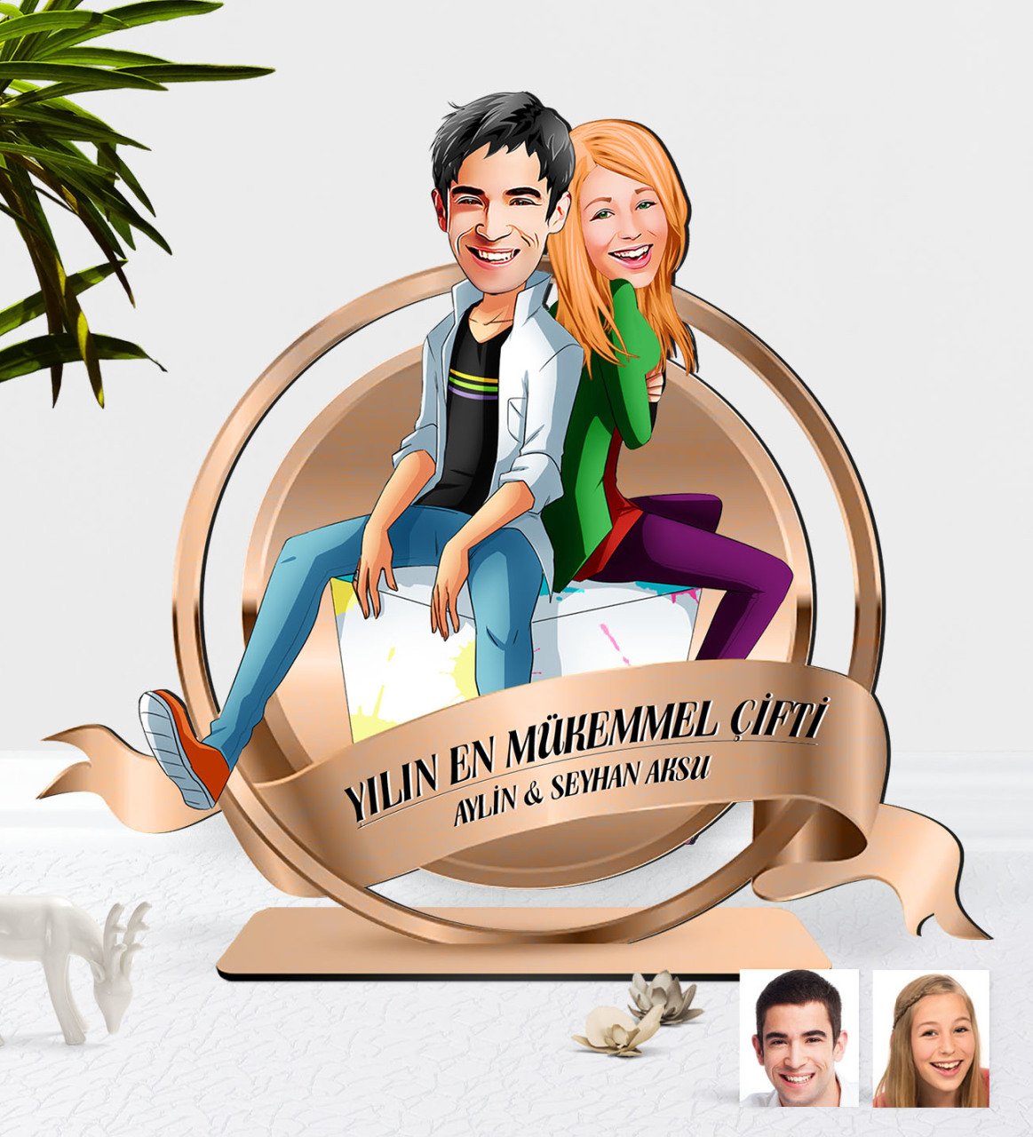 Kişiye Özel Sevgililer Karikatürlü 3D Ahşap Biblo Plaket-35